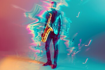Surreal Jazz Ambiance: Young African-American Male with Neon Saxophone Head in Electric Blue Suit at Jazz Club