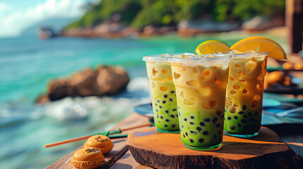 Green matcha and mango bubble tea on cafe table the tropic beach background.