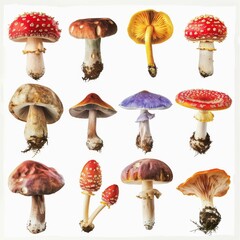 A collection of various mushrooms, each with unique colors and textures, isolated against a white backdrop