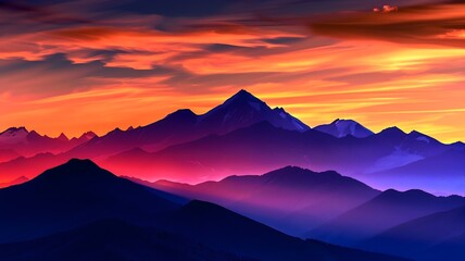  A dramatic mountain range silhouetted against the vibrant hues of a fiery sunset, with clouds swirling around the peaks. . 
