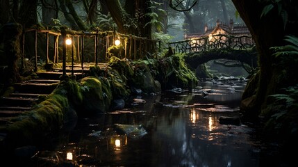 A forest bridge illuminated by lights