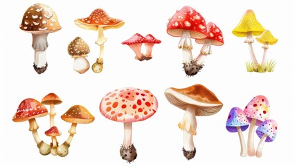 A collection of various mushrooms, each with unique colors and textures, isolated against a white backdrop