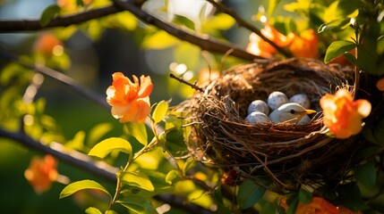 A bird nest with eggs on a tree branch, showcasing the beauty of nature's delicate creation