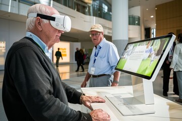 Senior Men Explore Eye Health Exhibits at Cataract Awareness Event Using VR Technology
