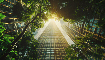 Explore the juxtaposition of nature and urbanity through a worms-eye view of a towering skyscraper framed by a lush jungle canopy