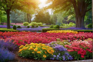 Stone path winding in fresh spring flower garden, toned