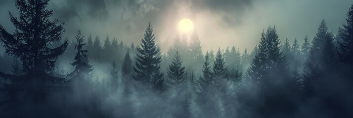 Long exposure of swirling fog among fir trees, with a subdued retro color scheme