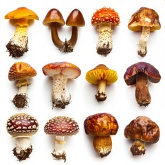 A collection of various mushrooms, each with unique colors and textures, isolated against a white backdrop