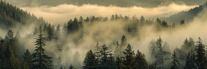 Long exposure of swirling fog among fir trees, with a subdued retro color scheme