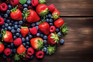 A collection of berries, including strawberries and blueberries, arranged in a pattern on a rustic wooden table, showcasing natural antioxidants