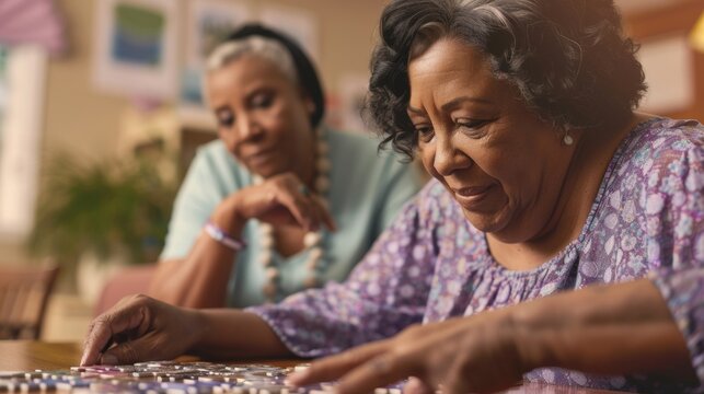 Elderly African-American Woman Engaged in Puzzle Activity with Caregiver in Supportive Health Seminar Environment