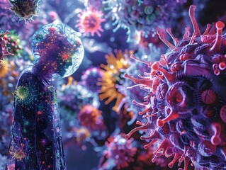 Cosmic Couture: A Human Figure Radiating Surrealism and Elegance Among Virus-like Patterns