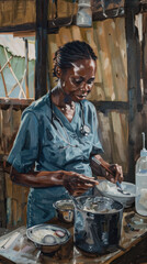 Dedicated Rural Clinic Nurse Painting., International Nurses Day, hospital care, dedication and skills.