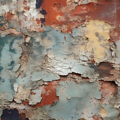 Obraz premium A detailed view of peeling paint on an old metal surface, showcasing the layers and textures created over time.