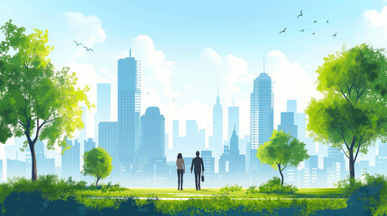 Business people, couple walking in park with modern eco friendly green city panoramic view with skyscrapers at background. Idilic place to live, city of the future concept illustration.