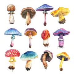 A collection of various mushrooms, each with unique colors and textures, isolated against a white backdrop