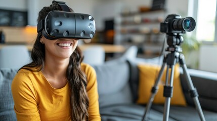 Young Adult Female Experiencing Virtual Reality at Home, Enthusiastic Mood in Daylight
