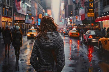 A young woman in a black puffy jacket walks down a busy city street