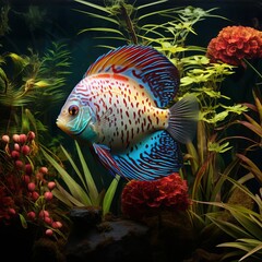 A serene image of discus fish, their striking colors contrasting with the muted tones of the Amazon River foliage they hide among.