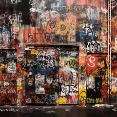 Fototapeta premium A textured wall painted with several layers of graffiti, each layer adding depth and history to the urban canvas.