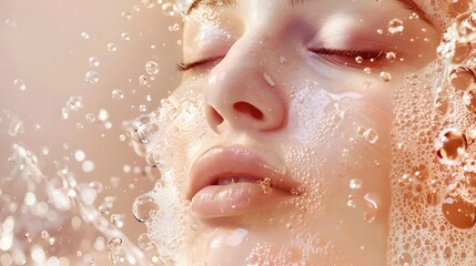 Fototapeta premium Close-up of a woman washing her face. Model washes face with facial cleanser Ideas for advertising facial cleansing products.