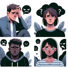 Set of people with mental health problems and depression. Vector illustration in cartoon style