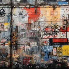 Fototapeta premium A textured wall painted with several layers of graffiti, each layer adding depth and history to the urban canvas.