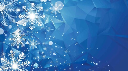 Blue background with snowflakes and stars, geometric shapes, light white sparkles, soft light effects, low poly style, high resolution, high quality, high detail, sharp focus.