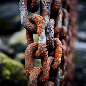 An image of rusted chain links, highlighting the pitted and corroded metal that tells a story of exposure and decay.