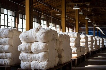 Bales of cotton in a textile mill ready to be spun into yarn and woven into fabrics - obrazy, fototapety, plakaty