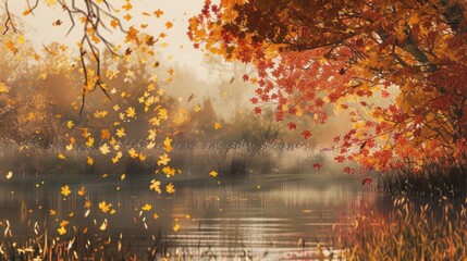 A serene autumn landscape with vibrant foliage