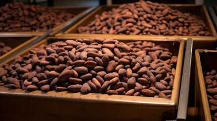 Large containers of raw cocoa beans at a chocolate factory, ready for grinding and processing
