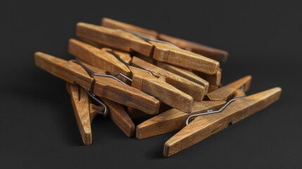 Wooden clothespins for attaching clothes to a rope on a black background.