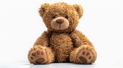 Teddy bear in a sitting position, isolated on a white background. The bear is brown.