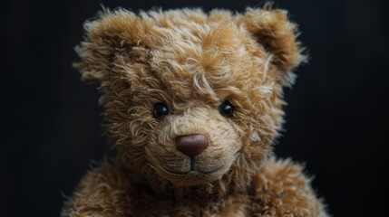 Teddy bear in a sitting position, isolated on a dark background. The bear is brown.