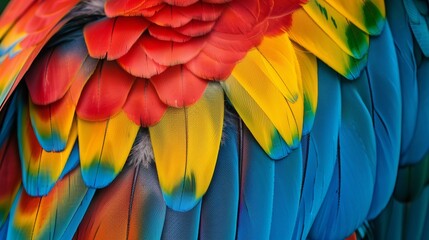 Fototapeta premium Background from colorful parrot feathers. Feathers of tropical birds.