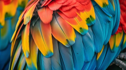 Background from colorful parrot feathers. Feathers of tropical birds.