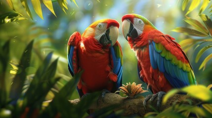 Bright parrots, tropical birds.