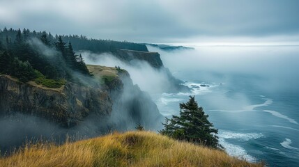 Coastal fog enveloping cliffs