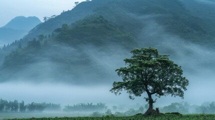 Lone tree amidst misty mountains