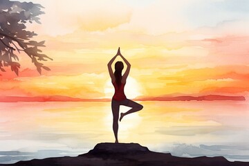 A woman is doing yoga on a rock, ocean sunset, watercolor illustration
