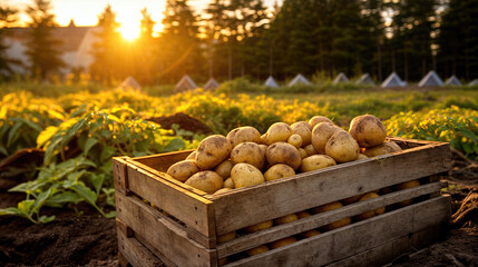 Freshly harvested potatoes lie against the background of a field