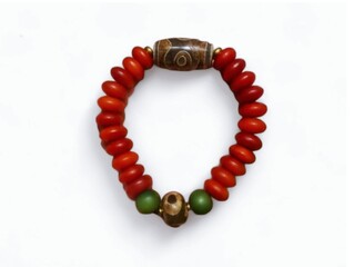 The white background in the picture is a bracelet and necklace made from wood that has been carved and decorated, painted with holes, then strung into lines to be used as jewelry to wear for beauty.