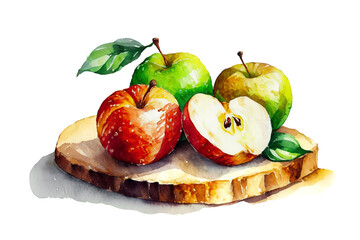 切り株に乗せた青リンゴと赤リンゴのイラスト　白背景の切り抜き