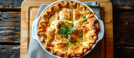 chicken pot pie features a creamy chicken and vegetable filling often including carrots, peas, and potatoes baked inside a flaky pastry crust until golden brown