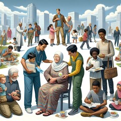 Group of people reading books in the city. Illustration in cartoon style
