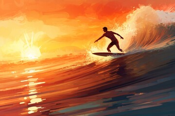 A man is surfing on a wave in the ocean, beautiful sunset, watercolor illustration
