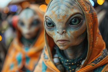 The image shows a group of aliens. They are all wearing orange robes and have large heads with big eyes. They are standing in a crowd of people.
