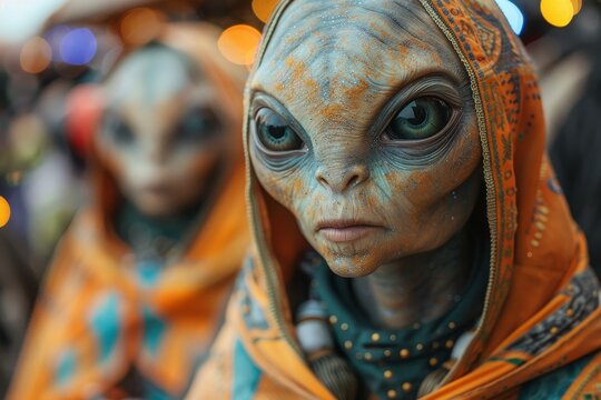 The image shows a group of aliens. They are all wearing orange robes and have large heads with big eyes. They are standing in a crowd of people.