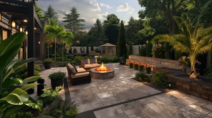 Fototapeta premium A backyard transformation featuring a new stone patio and a fire pit, surrounded by lush landscaping and outdoor lighting.